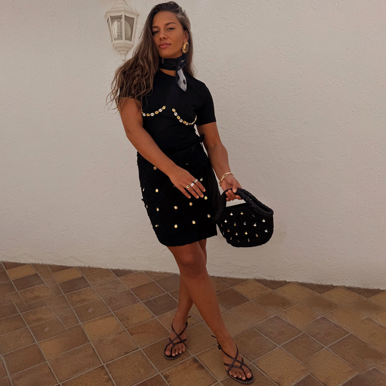 Black Crochet Shell Wrap Skirt