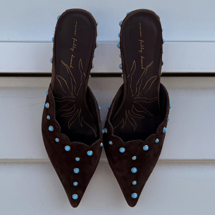 Chocolate Suede Mules with Turquoise Studs