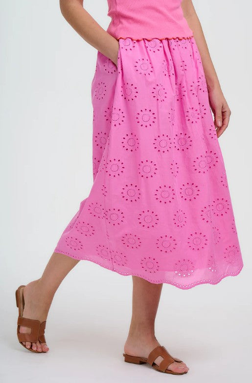 Nicola Broderie Anglaise Midi Skirt - Pink