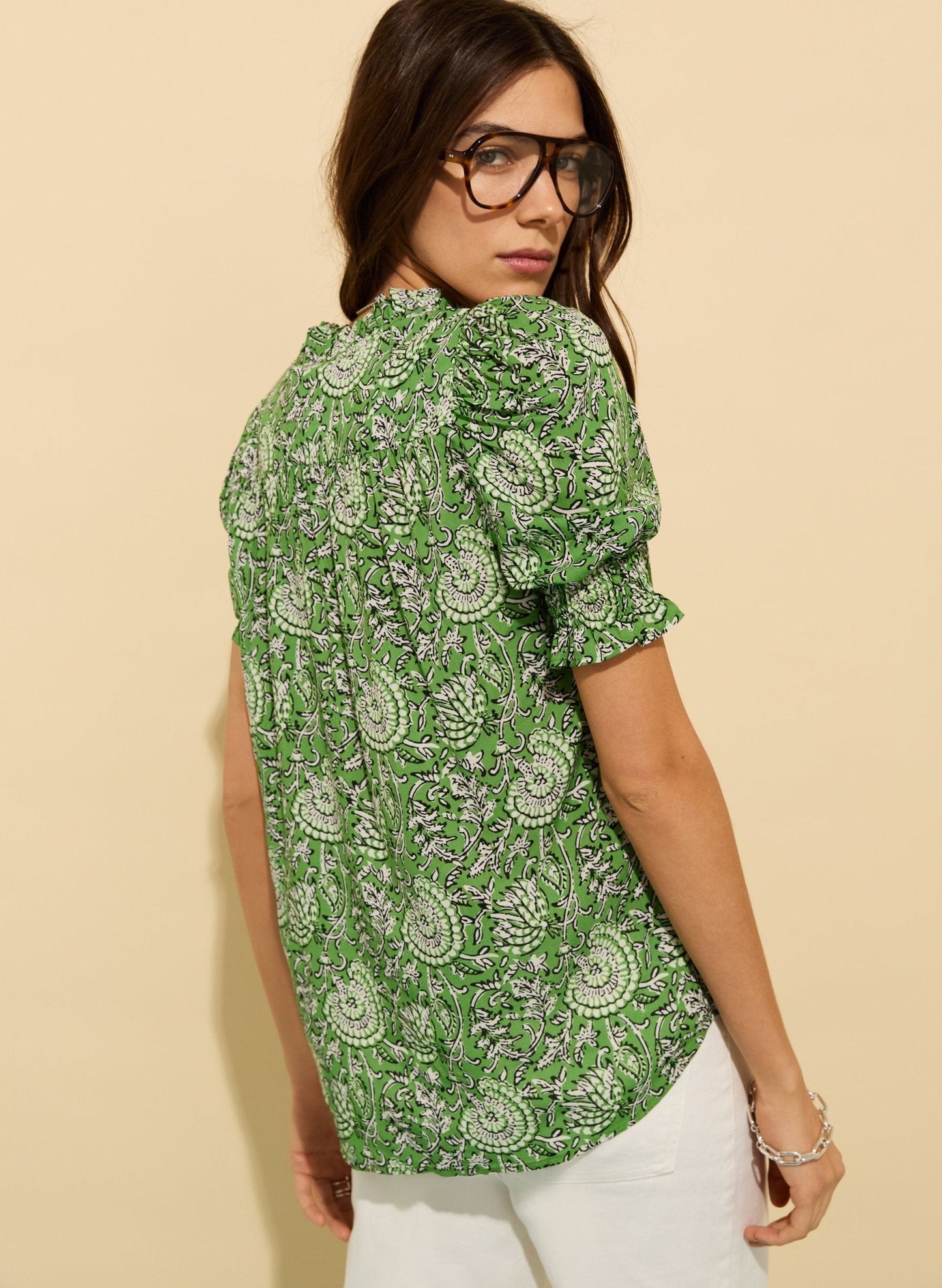 Nolan Printed Blouse / Green Woodblock Floral