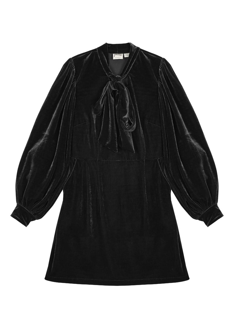 Nolly Black Velvet Pussy Bow Mini Dress - Black