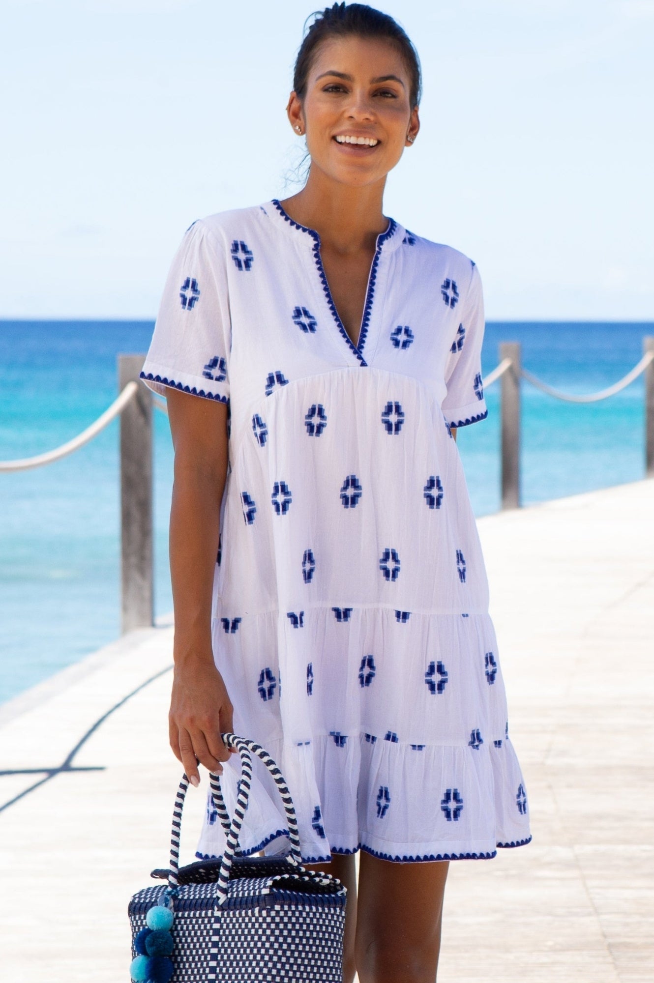 India Embroidered Dress Organic Cotton Short Sleeve Beach Cover Up Mini Summer Holiday White Blue Embroidery