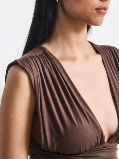 Orla Low V-Neck Ruche-Side Top in Mocha