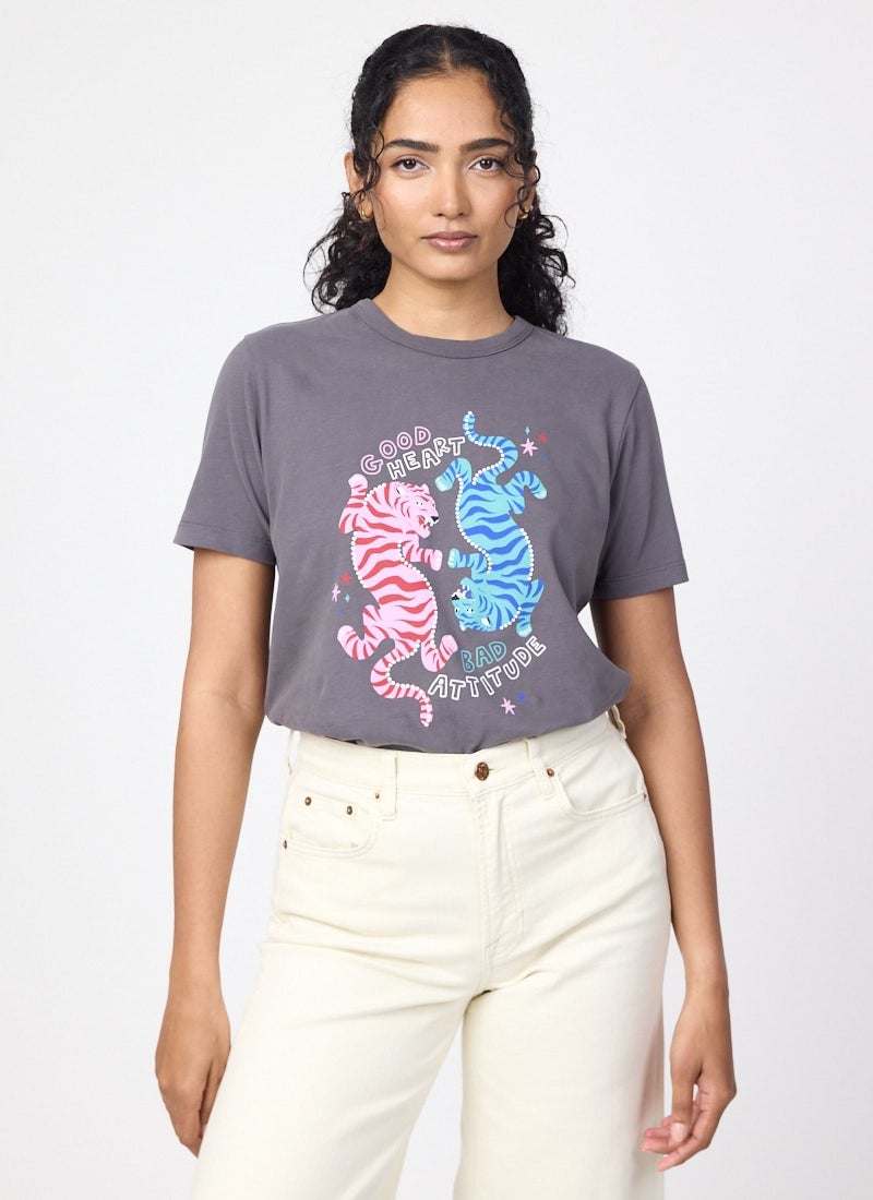 Parker Good Heart Bad Attitude Tiger PrintSlogan Tee - Sustainable Organic Cotton Grey