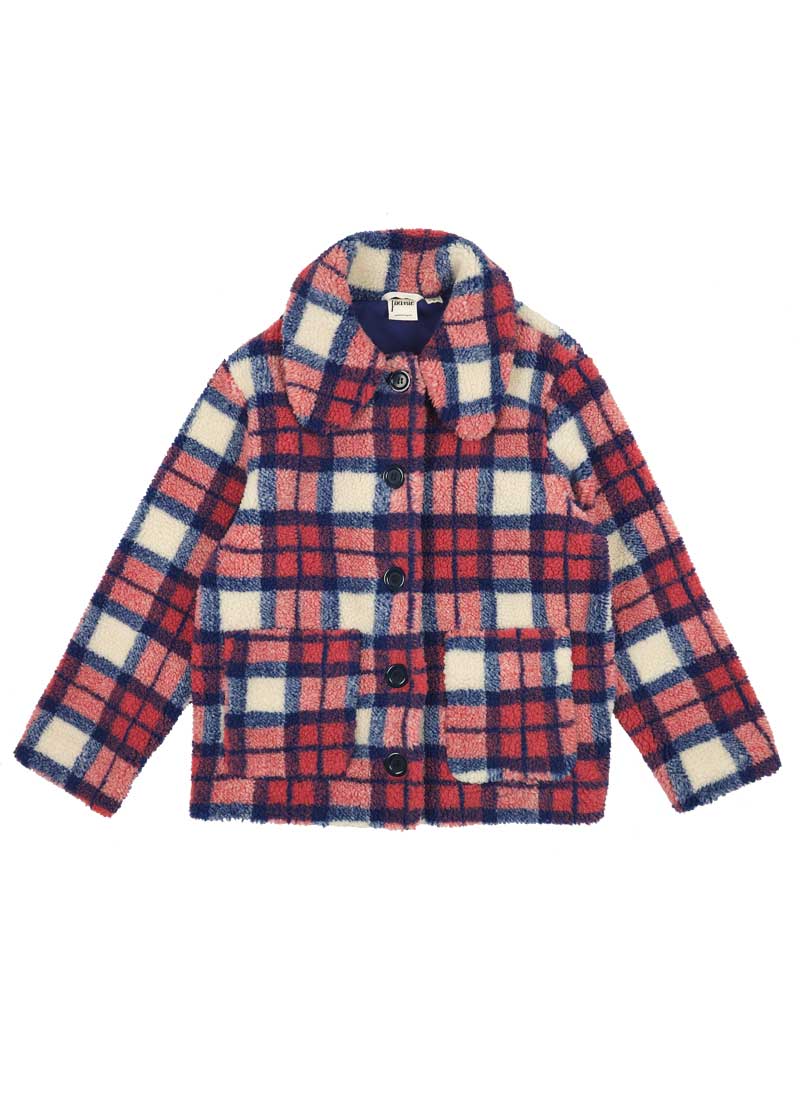 Penelope Teddy Bear Fleece Coat - Check - Red