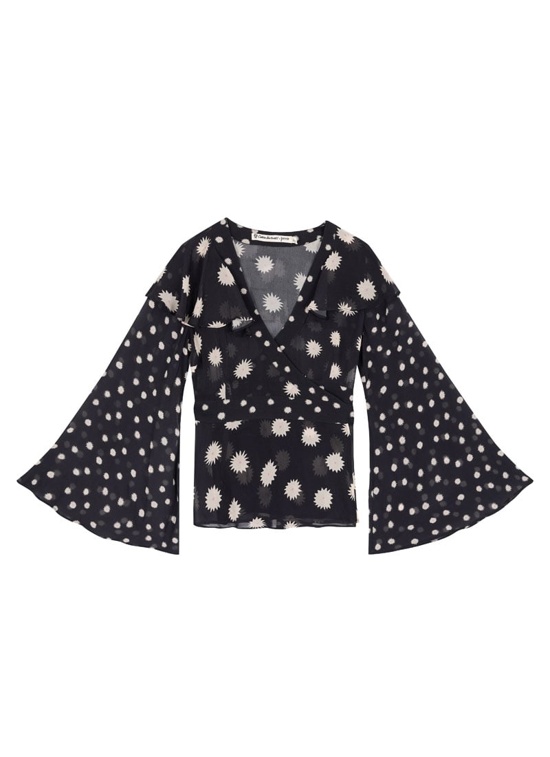 Celia Birtwell X Joanie- Petite Daisy Flared Sleeve Ruffle Neck Wrap Blouse (Black)
