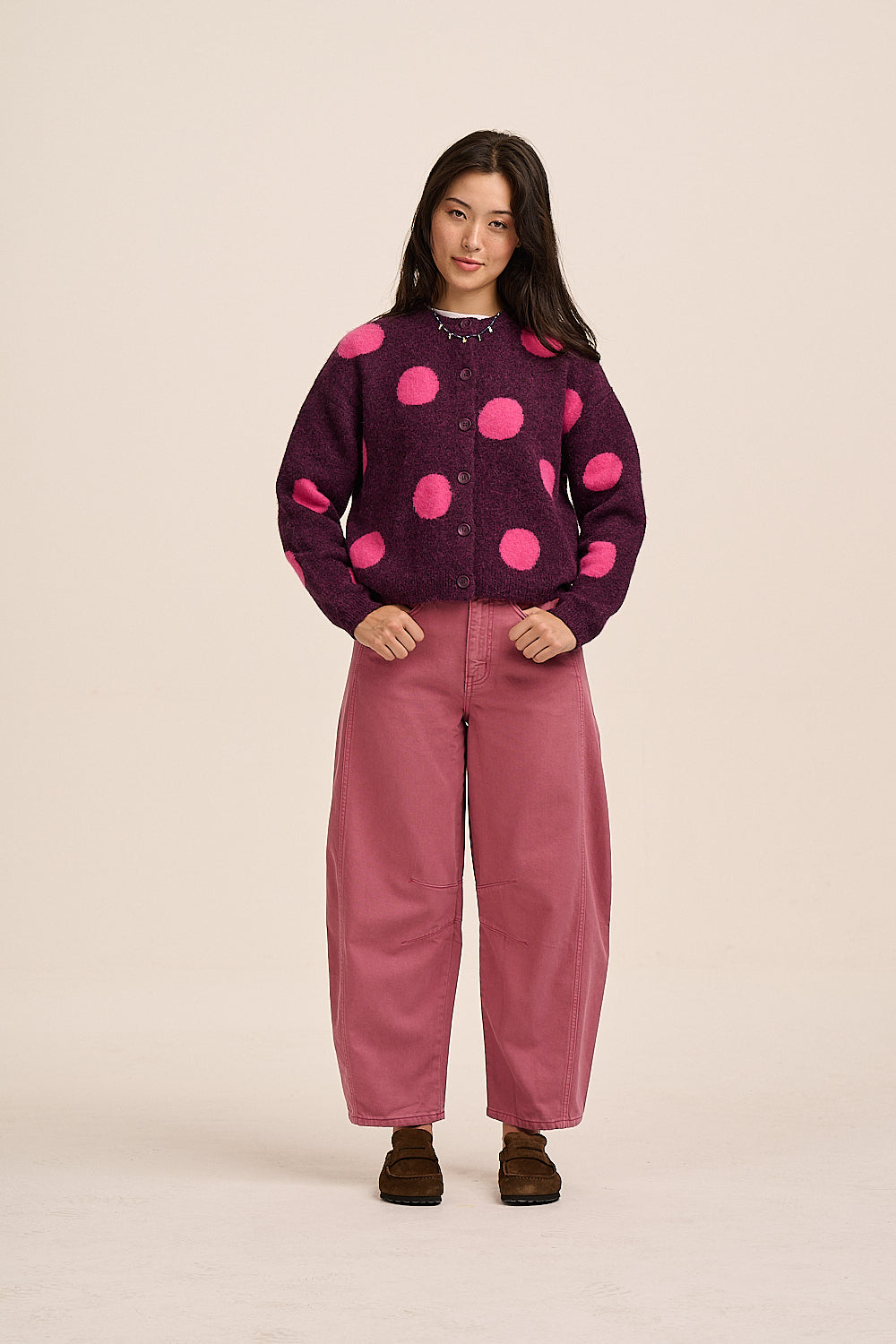 Pip Alpaca Polka Dot Cardigan - Grape and Carmine