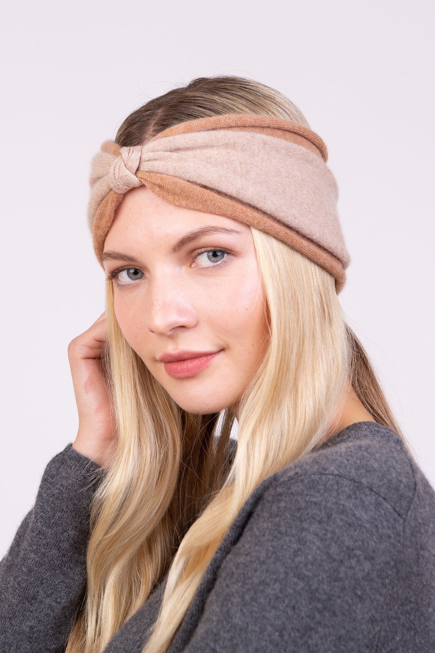 Beige and caramel cashmere headband by Kiltane.