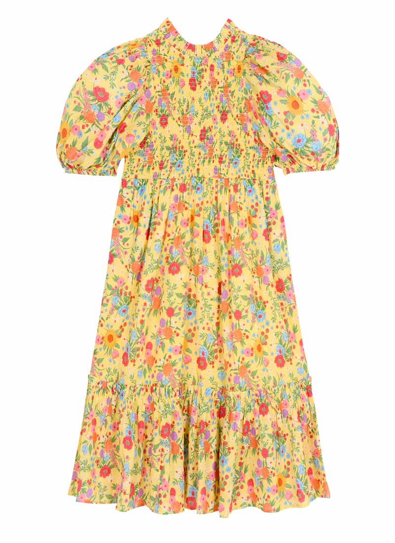 Priya Wildflower Print Puff Sleeve Midi Dress- Sustainable Organic Cotton (Yellow)