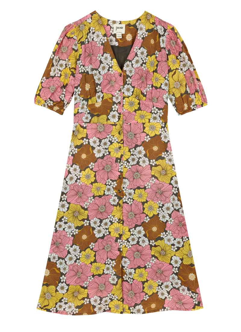 Zeena X Joanie - Rebecca Wallpaper Floral PrintPuff Sleeve Midi Dress - Sustainable Organic Cotton (Yellow)