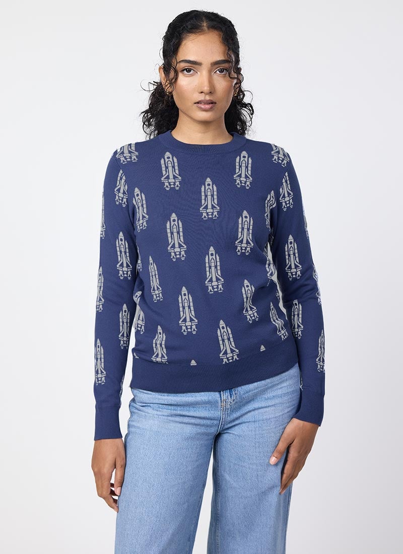 Valentina Retro Rocket Intarsia Knit Jumper - Sustainable Organic Cotton (Blue)