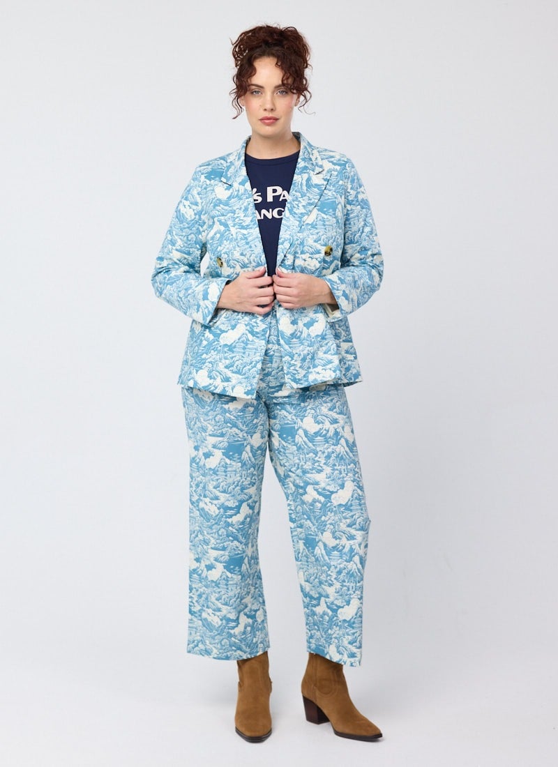 Pippa Ornamental Chinoiserie Print High Waist Trousers - Sustainable Organic Cotton (Blue)
