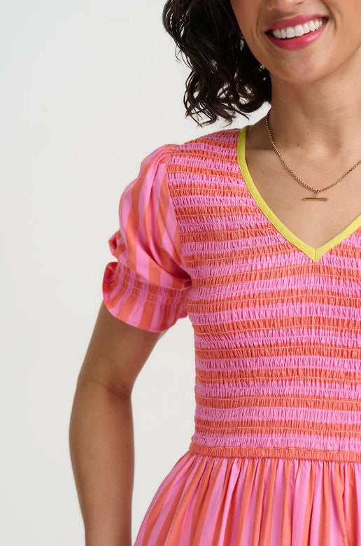 Ripley Shirred Midi Dress - Pink, Tropical Crush Stripe