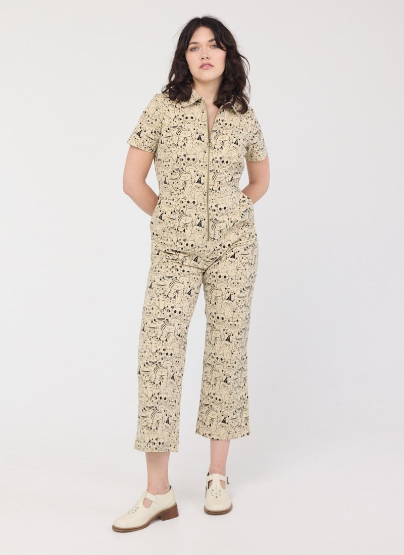 Robin Cat Print Short Sleeve Boilersuit (White)