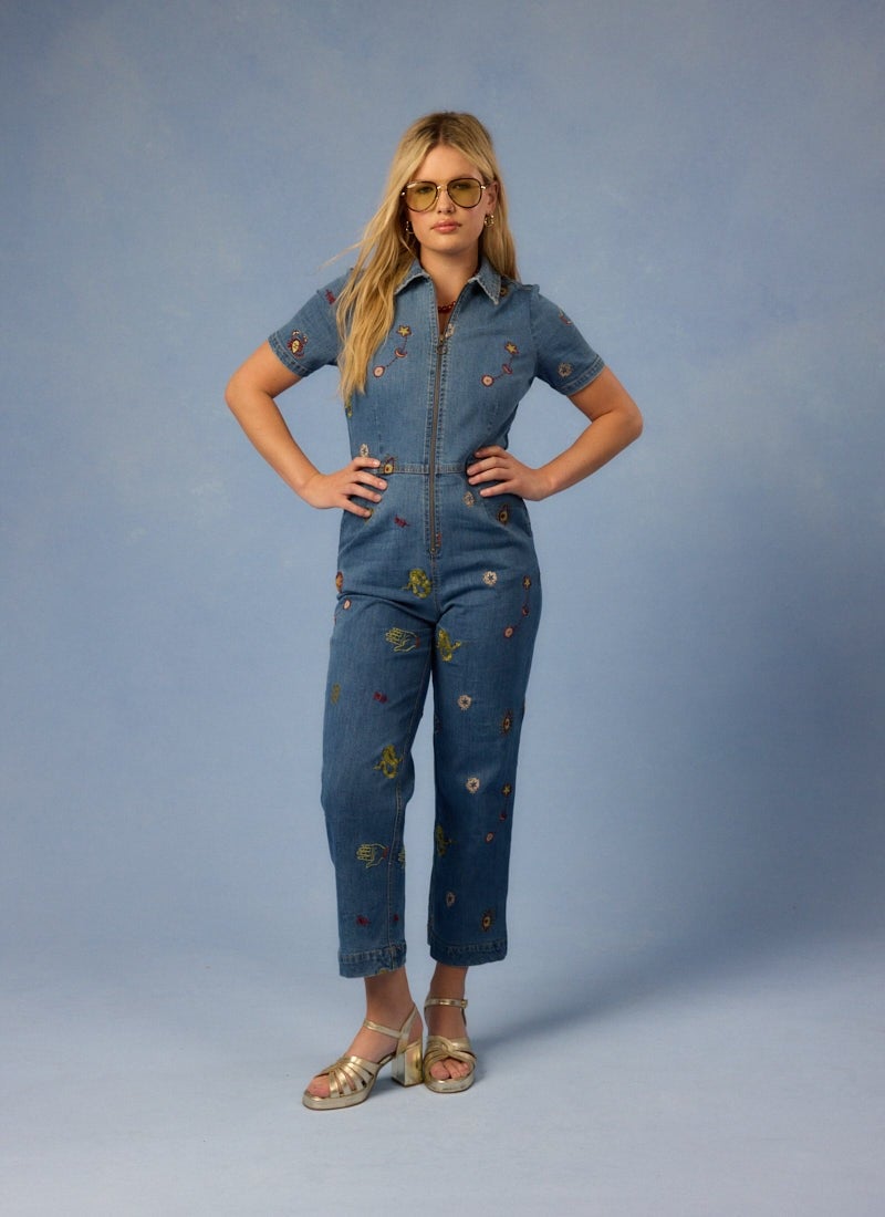 Robin Embroidered Denim Short Sleeve Boilersuit - Sustainable Organic Cotton (Blue)