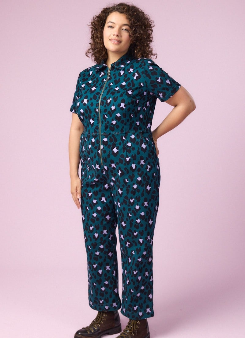 Robin Leopard Print Short Sleeve Boilersuit - Sustainable Organic Cotton (Green)