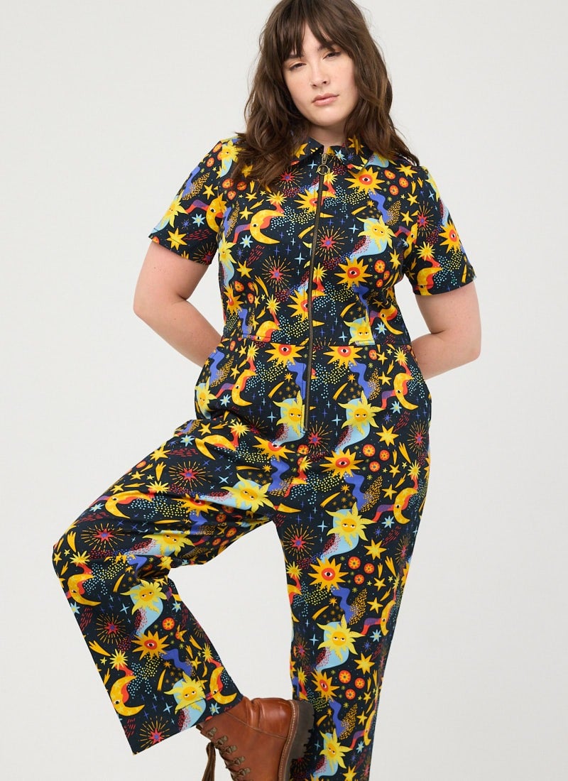 Robin Cosmic Sun Print Short Sleeve Boilersuit (Black)