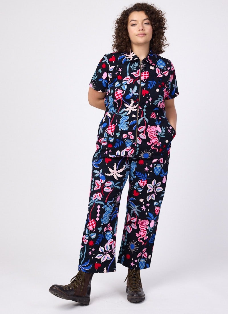 Robin Tropical Tiger Print Short Sleeve Boilersuit - Sustainable Organic Cotton (Black)