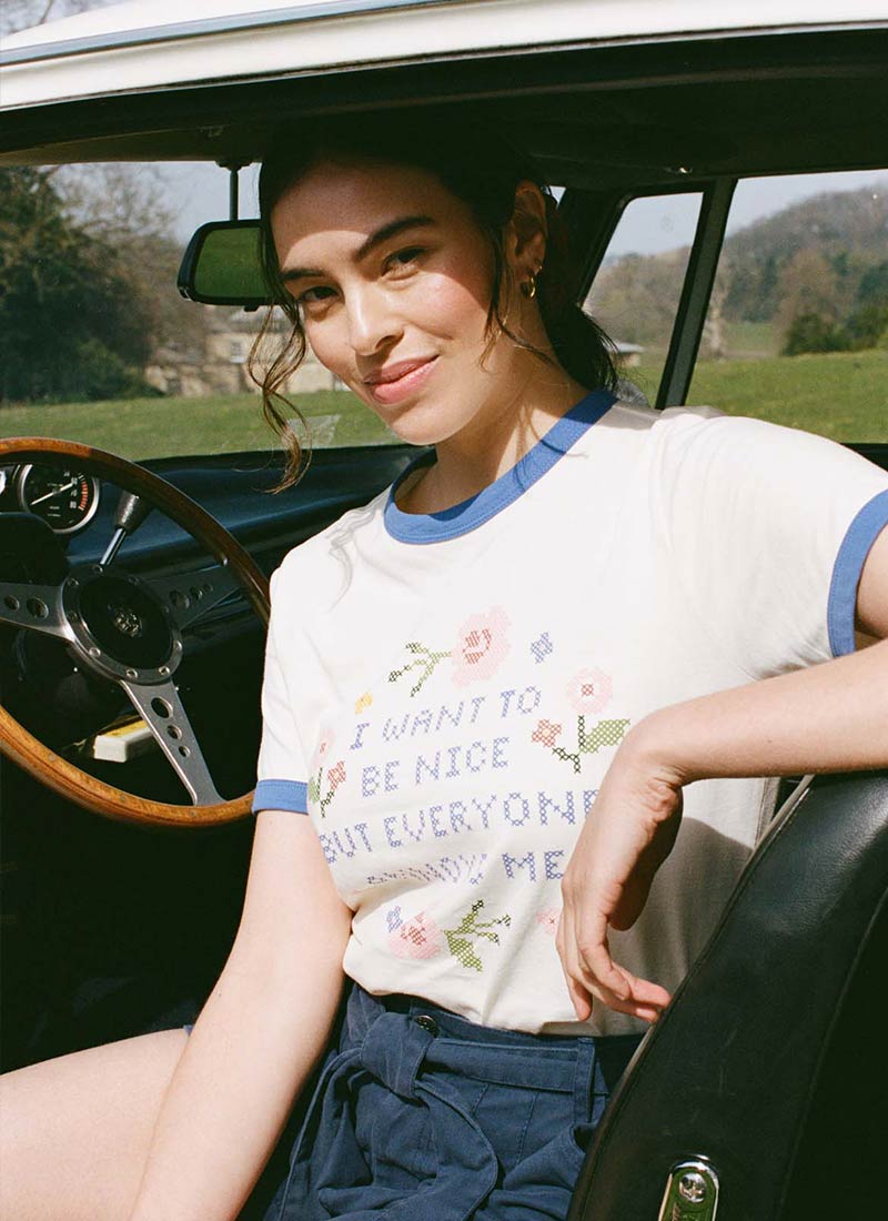 Rosie Cross StitchSlogan Ringer Tee - Sustainable Organic Cotton (Cream)