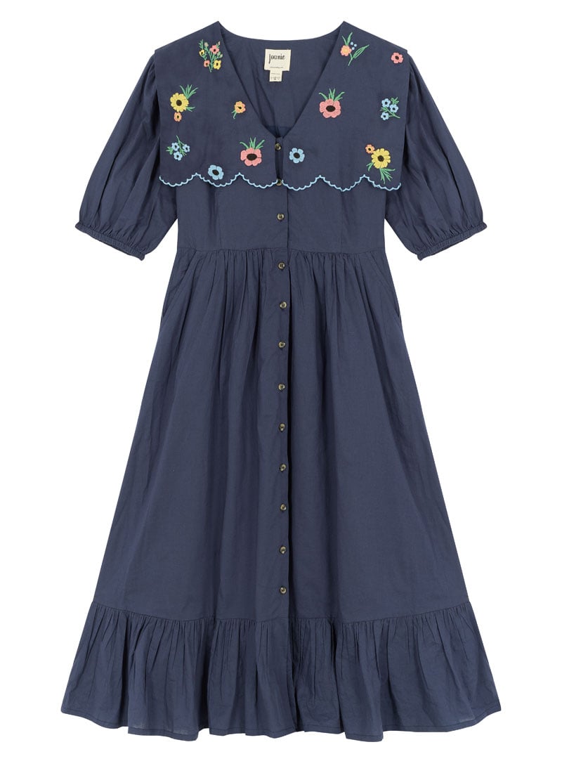 Sailor Embroidered Puff Sleeve Midi Dress - Sustainable Organic Cotton (Blue)