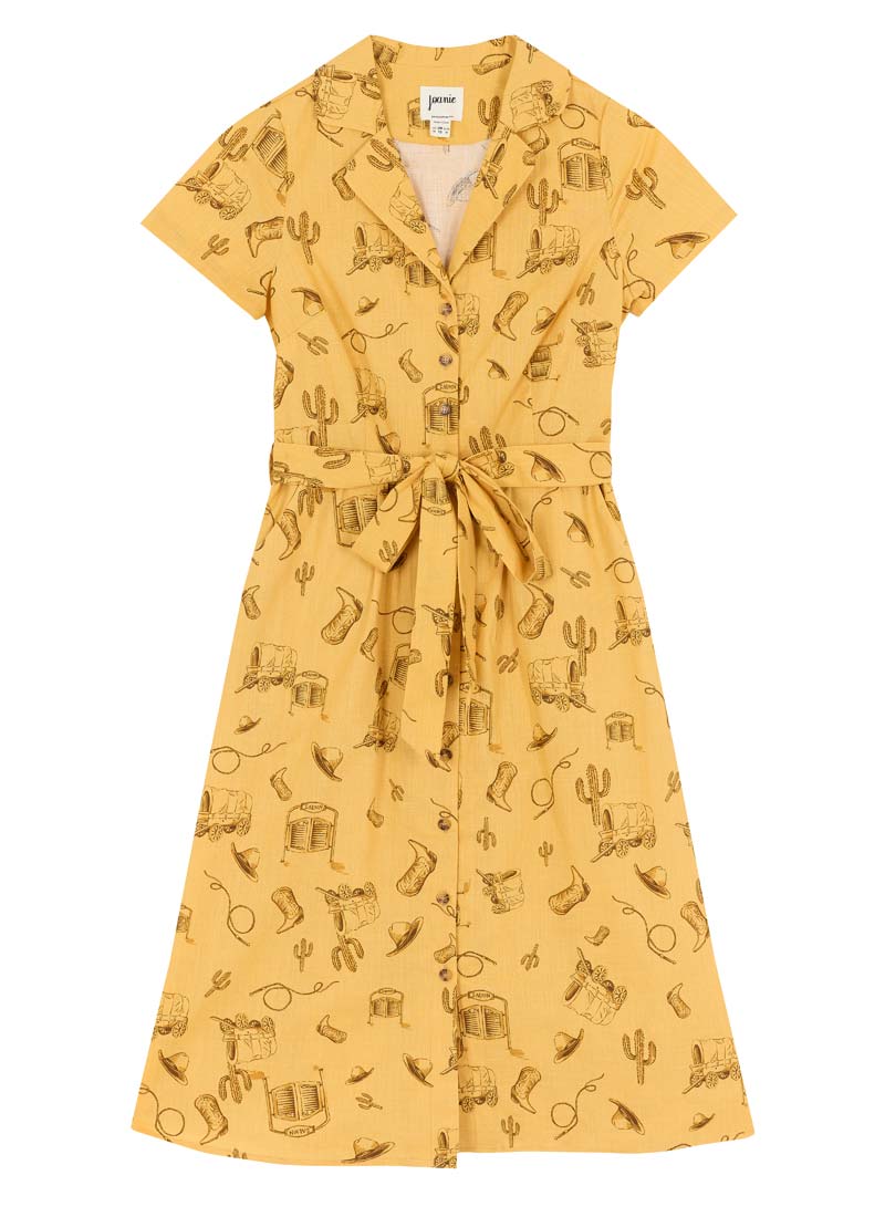 Santorini Western Rodeo Print Belted Midi Dress - Sustainable Organic Cotton (Yellow)