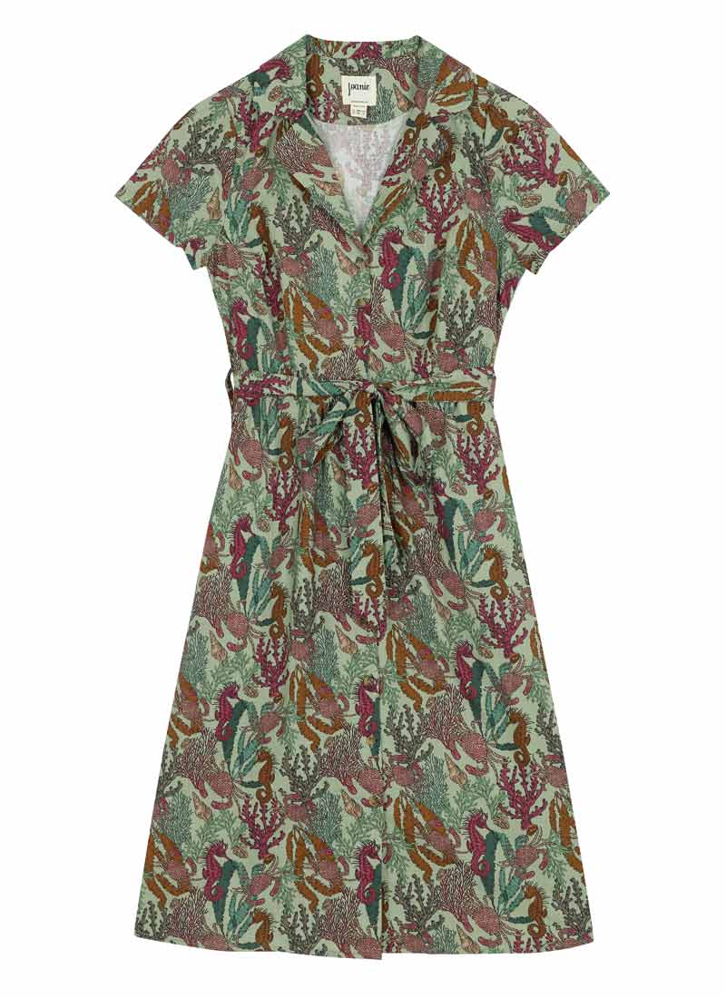Santorini Sea Life Print Belted Midi Dress - Sustainable Organic Cotton (Green)