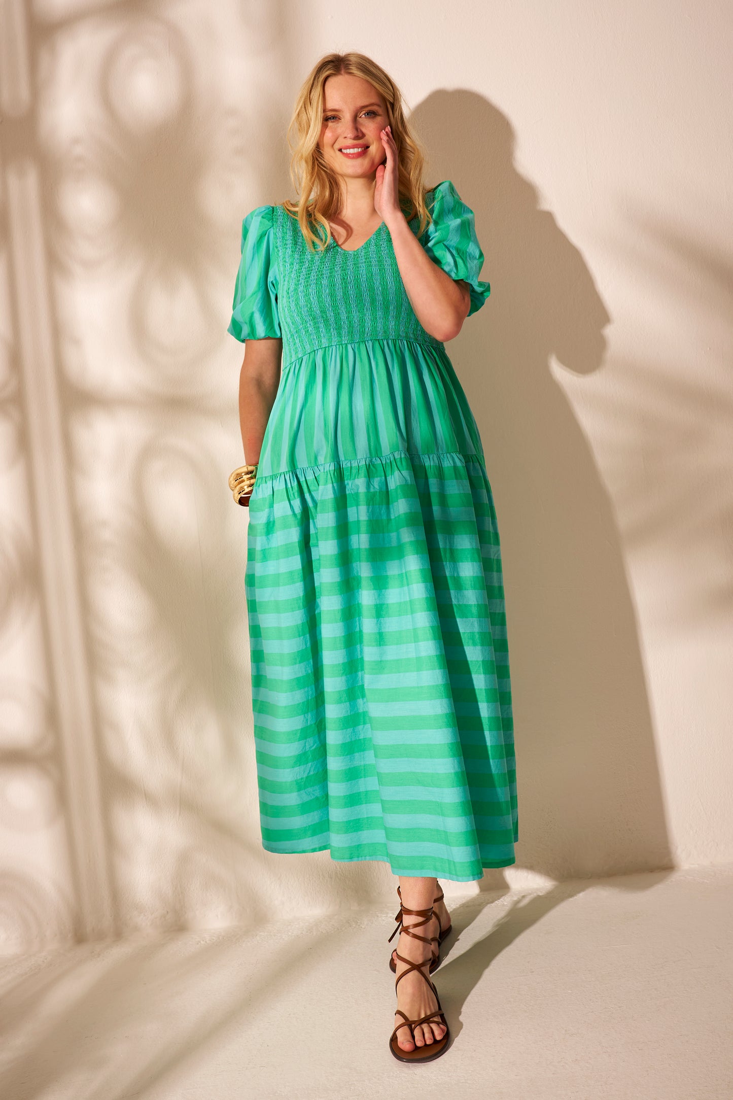 Green & Blue Stripe Puff-Sleeve Maxi Dress