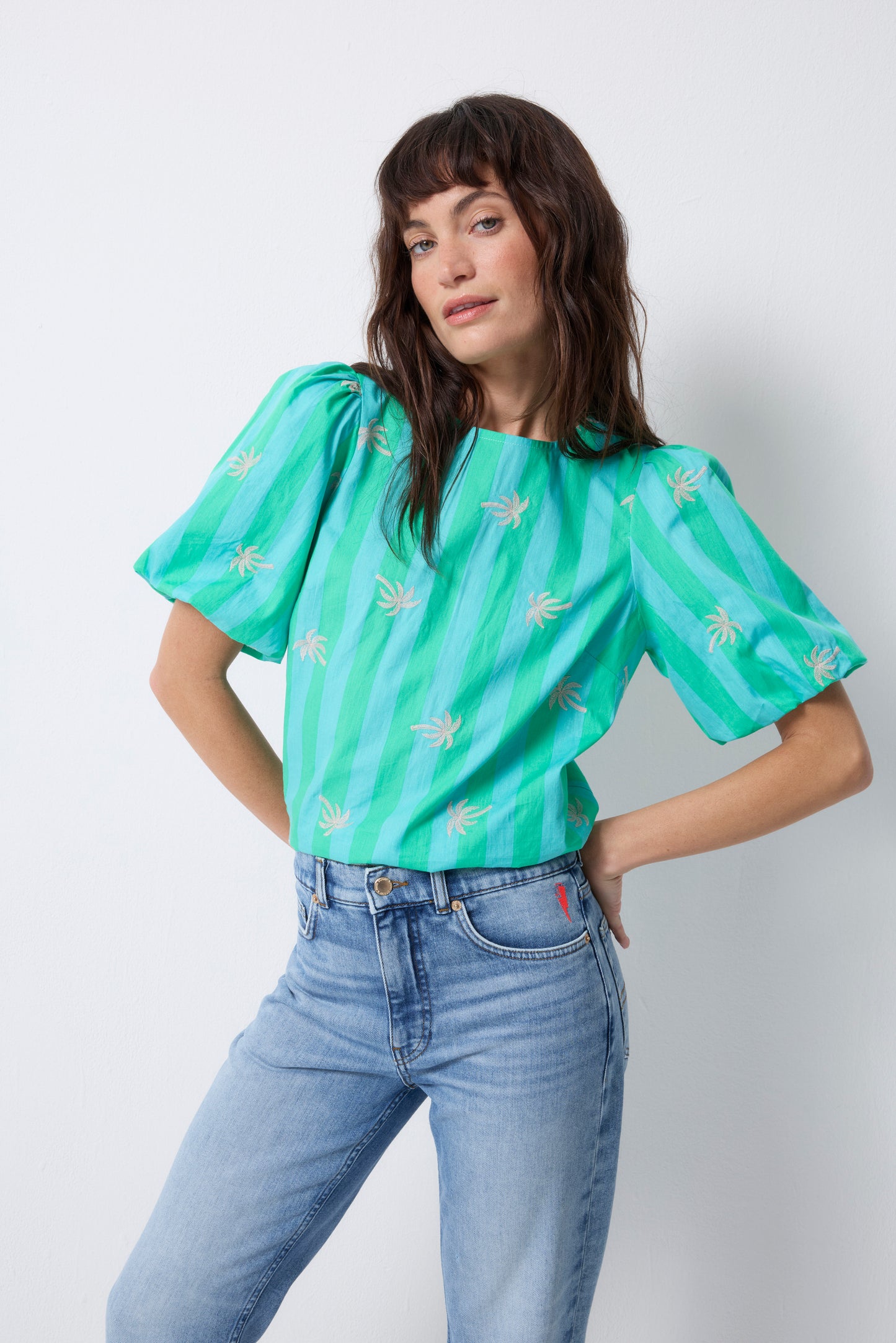 Scamp & Dude striped green and blue blouse for Clear Spring and Clear Winter