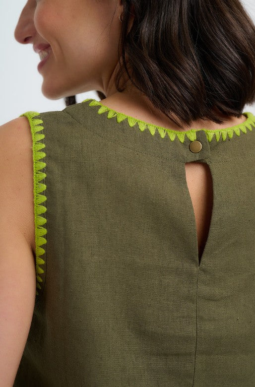 Senna Top - Olive, Decorative Stitch