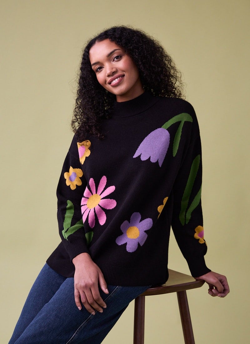 Shiloh Black Floral Placement Oversized Intarsia Knit - Sustainable Organic Cotton (Black)