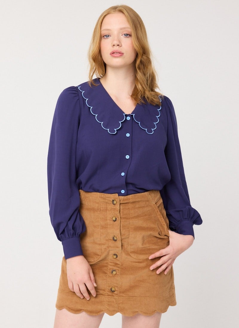 Sarah Scallop Hem A-Line Corduroy Mini Skirt - Brown (Brown)