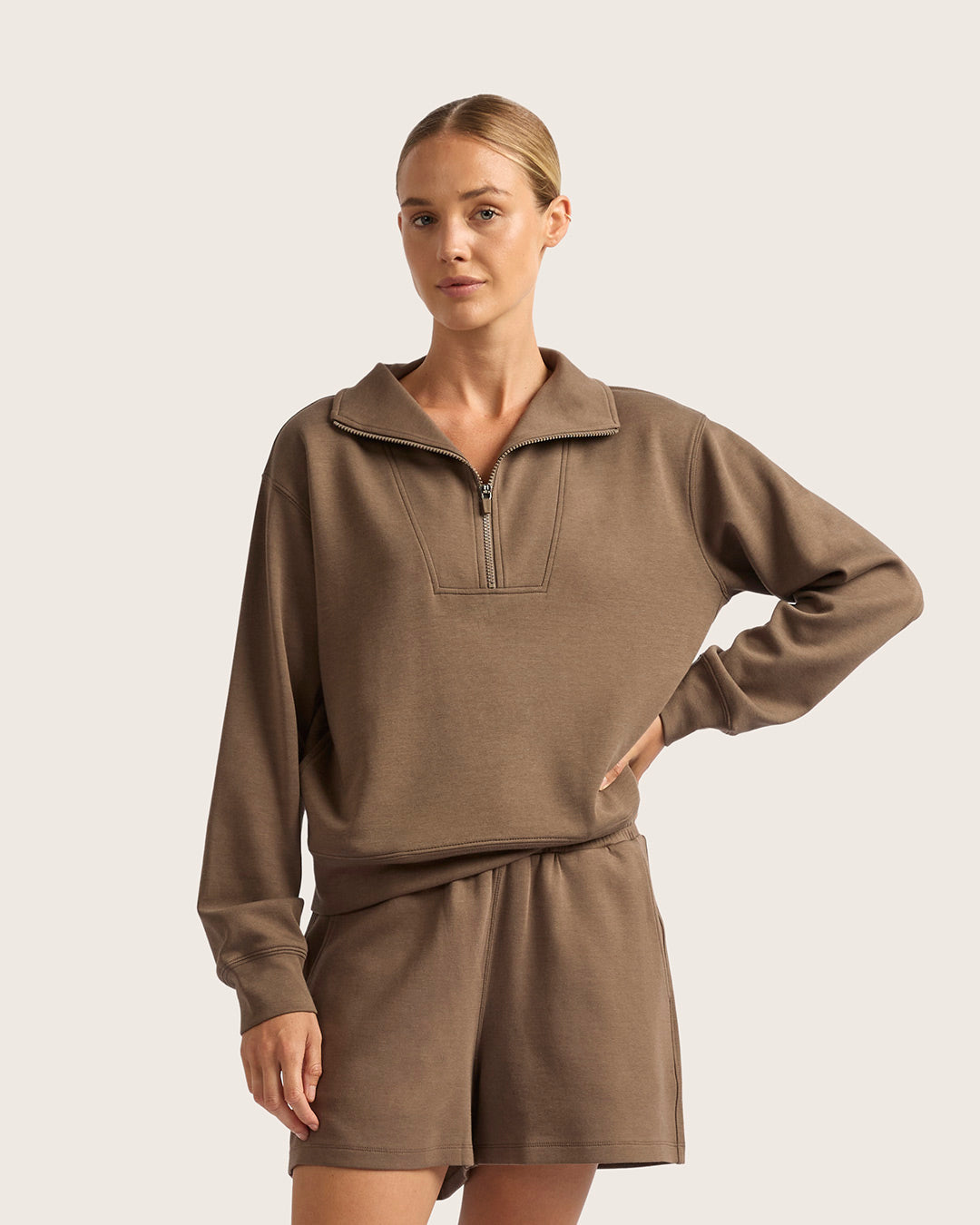 Soft brown quarter zip bamboo sweater by Boody.
