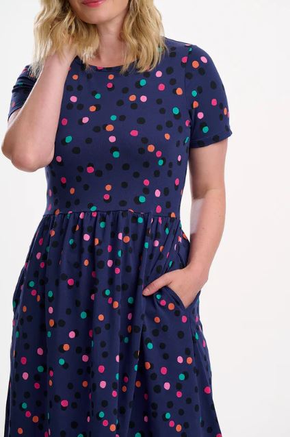 Sofia Jersey Midi Dress - Blue, Dappled Rainbow Spot