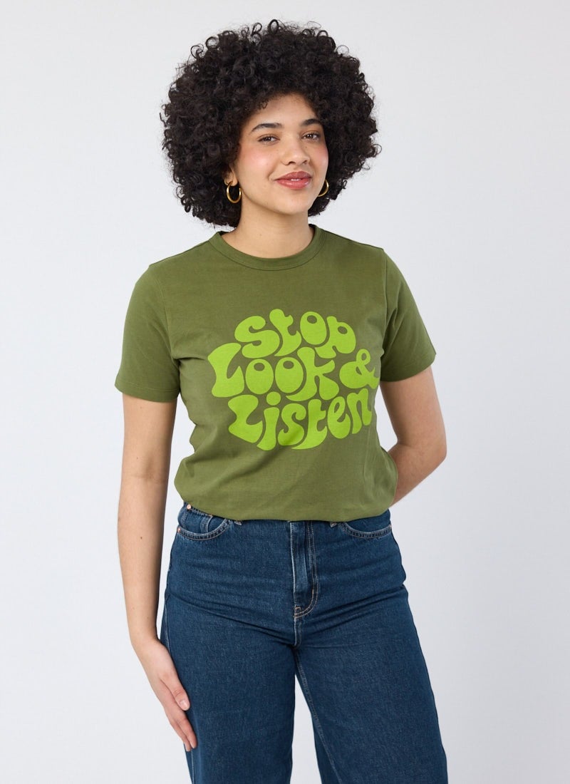 Splink Stop Look & Listen Slogan Tee - Sustainable Organic Cotton (Green)