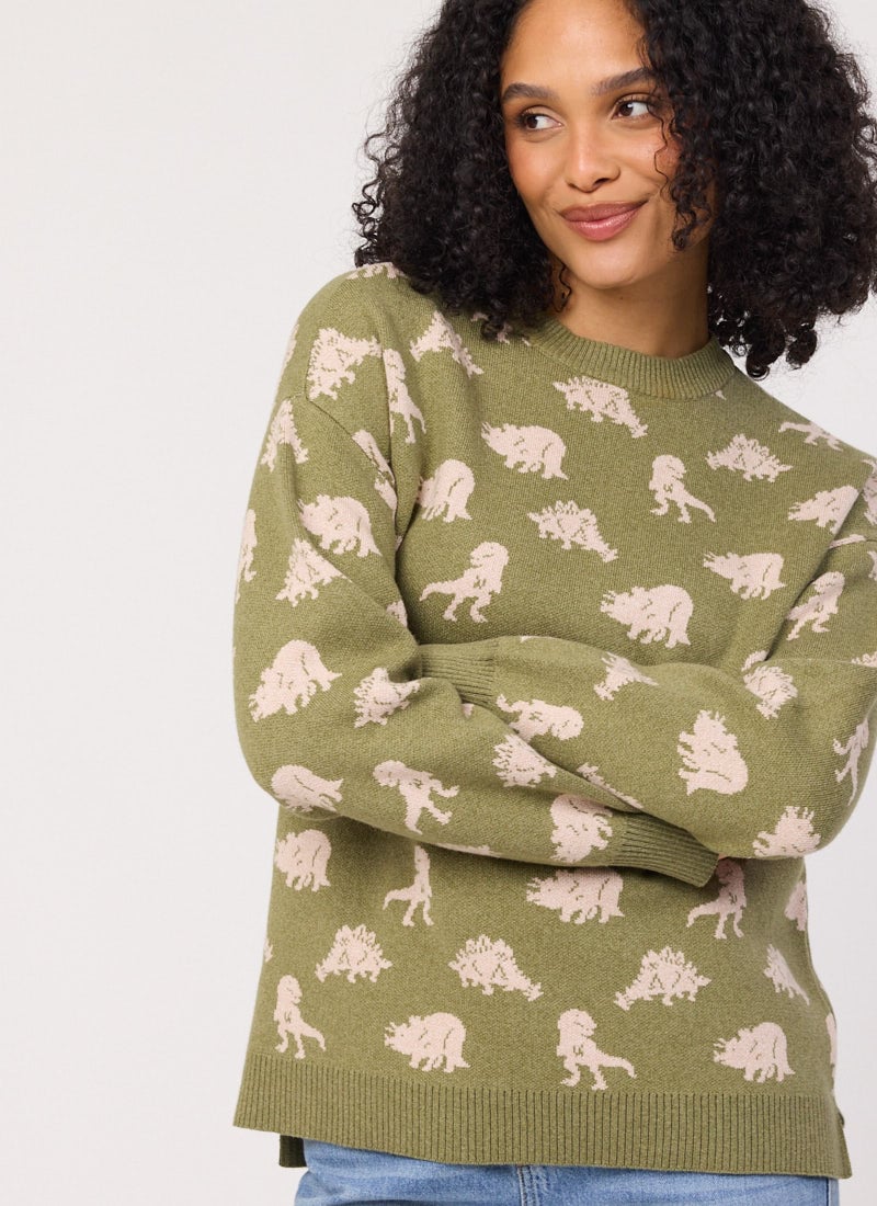 Sydney Dinosaur Intarsia Knit Oversized Jumper- Sustainable Organic Cotton (Green)
