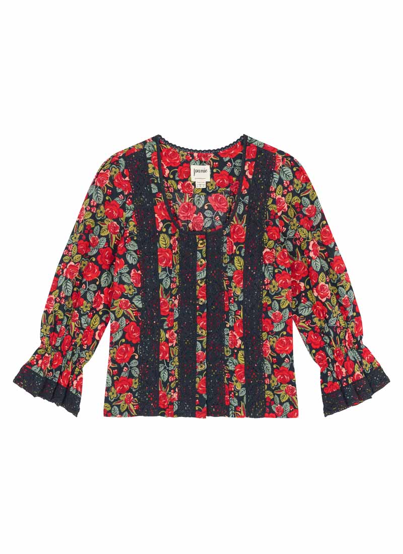 Teagan Antique Rose Print Crochet Trim Blouse (Red)