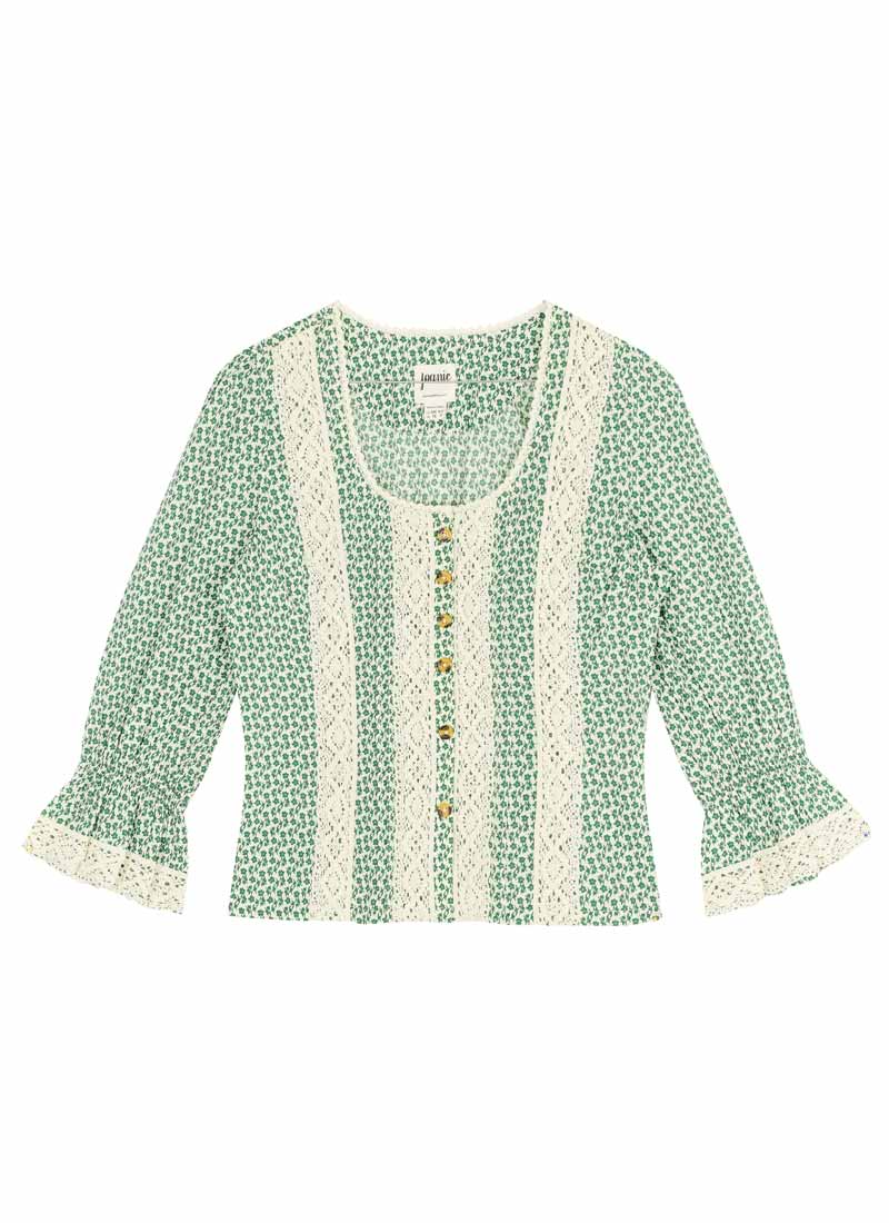 Teagan Sage Floral Print Crochet Trim Blouse (Green)