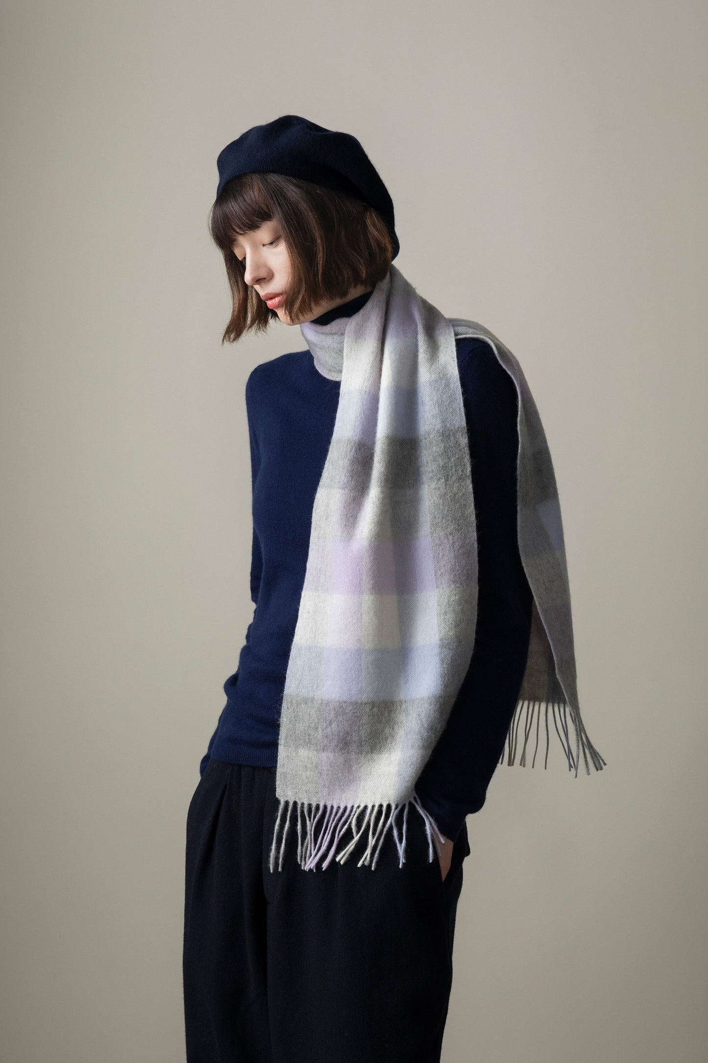 Lilac and grey lambswool scarf by Kiltane.