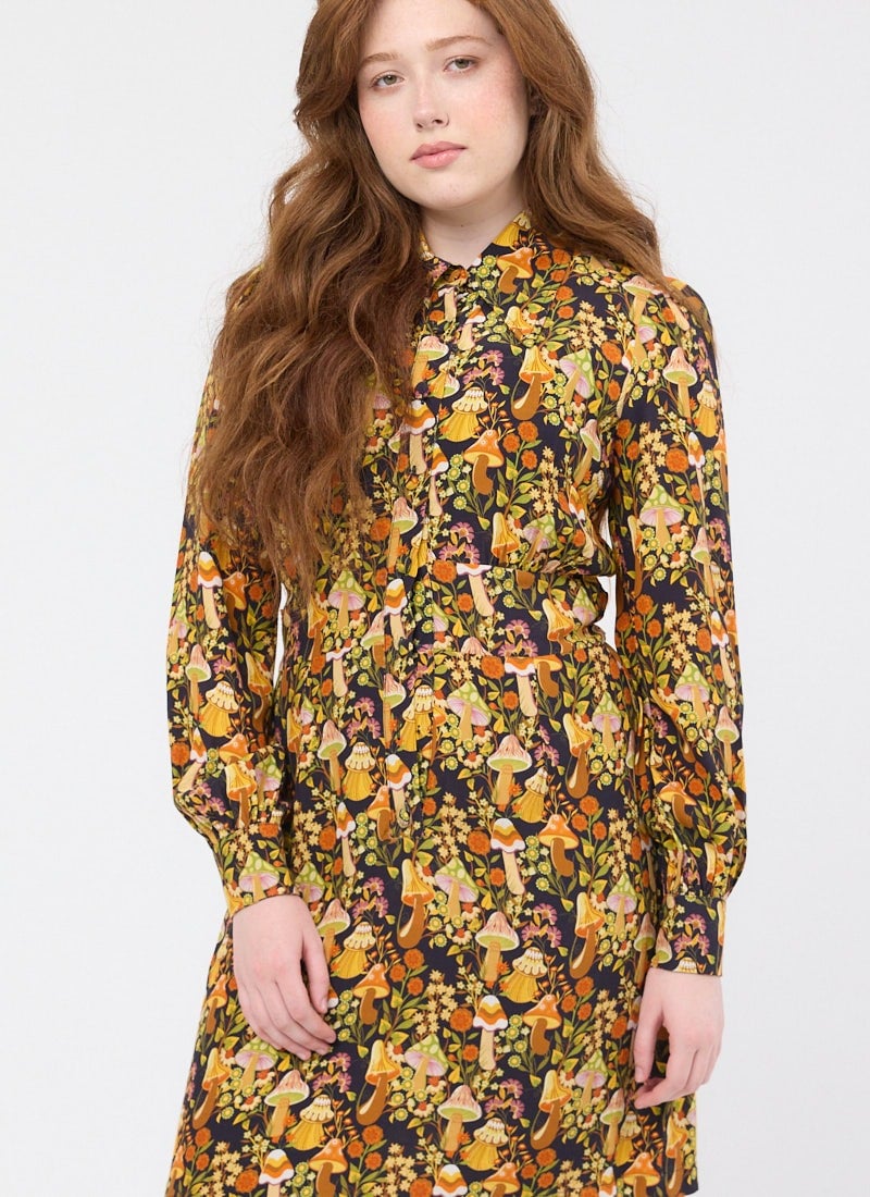 Vanya Mushroom Print Shirt Dress - Yellow