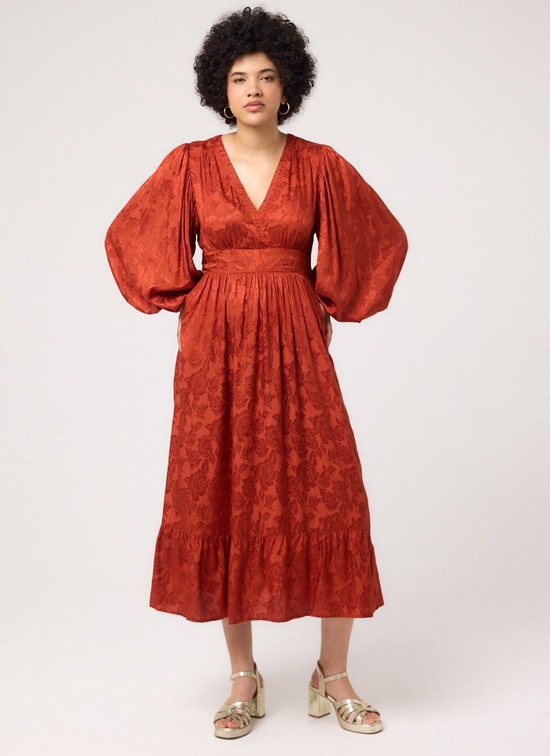 Victoria Floral Damask Balloon Sleeve Midaxi Dress - Clay