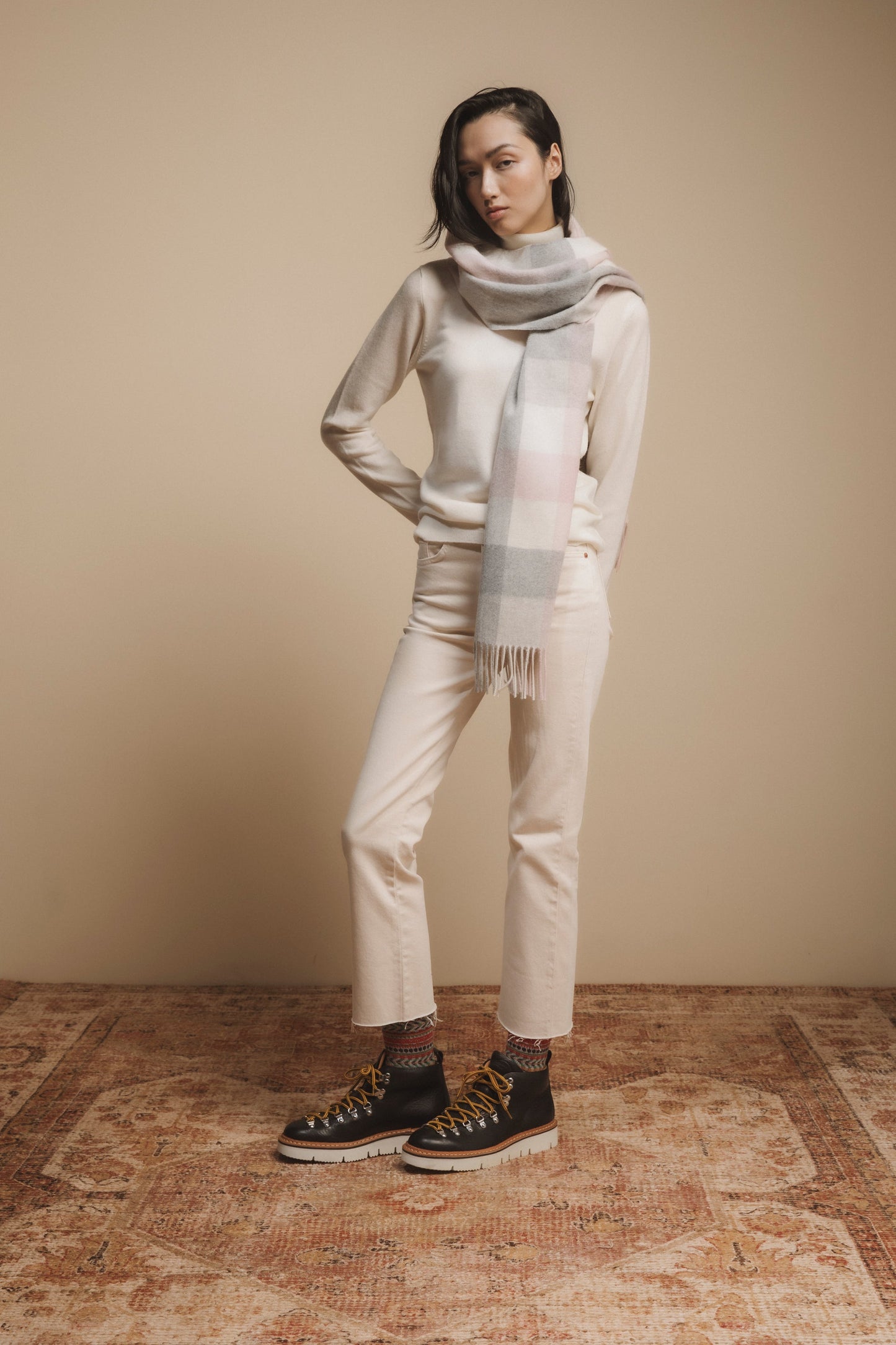 Pale grey and soft pink checked wide cashmere scarf by Kiltane.