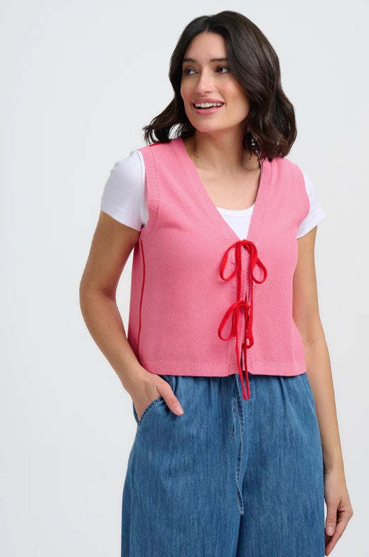 Zina Knit Vest - Pink, Red Tipping