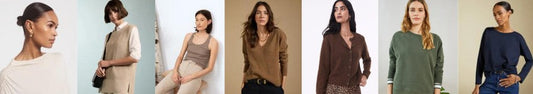 A series of Autumn neutral outfits, including soft cream T-shirt, oatmeal tank top, mushroom vest, caramel brown pullover, chocolate brown cardigan, khaki and navy T-shirts.