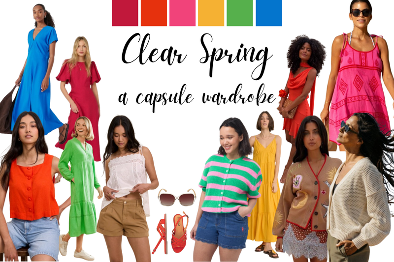 A graphic for the Clear Spring capsule wardrobe, showing various models wearing bright, warm outfits.