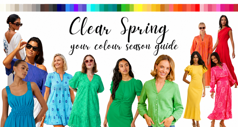 Clear Spring palette strip and colour season outfits in bright coral, green, blue and pink clothing