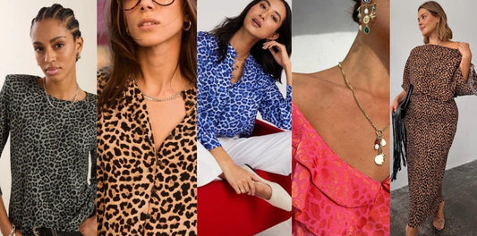 Leopard print clothing in a range of colour palettes, including soft grey, warm brown, bright pink and cool blue leopard styles, showing how leopard print works across different colour seasons.