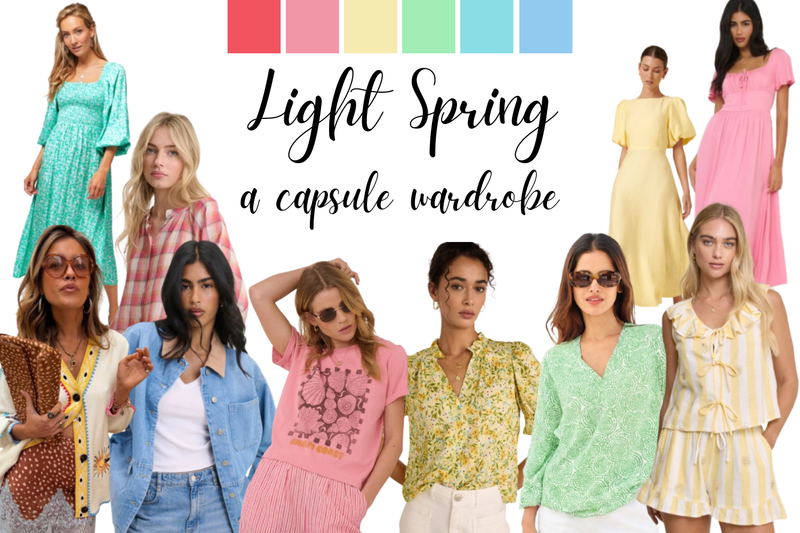 A graphic showing Light Spring outfits in light, warm colours and patterns, and a palette strip. Text reads "Light Spring: a capsule wardrobe".