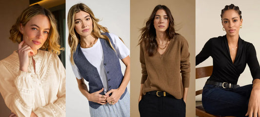 Selection of neutral outfits in cream, blue, brown and black, illustrating how neutrals vary across different colour seasons.