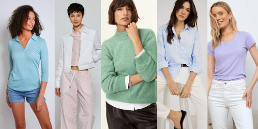 Five women in Light Summer colours like pale aqua, lavender, soft blue, seafoam green, and light pink.