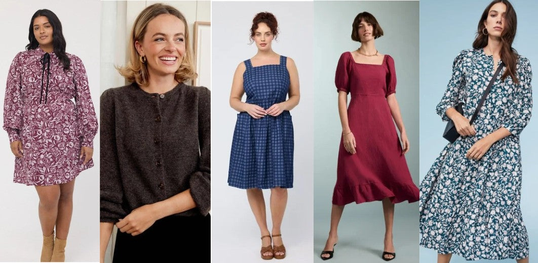 Five Cool Summer outfits, including patterned dresses in maroon and dark green, a checked blue dress, cool brown cardigan, and raspberry red dress.